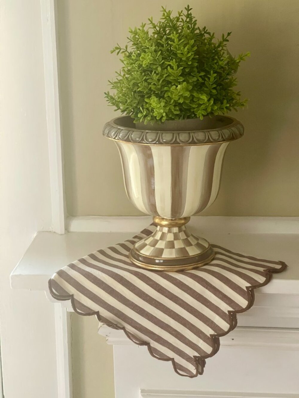 MacKenzie-Childs Mocha Stripe Tabletop Urn Planter w/ Mini Boxwood- Café Luxe